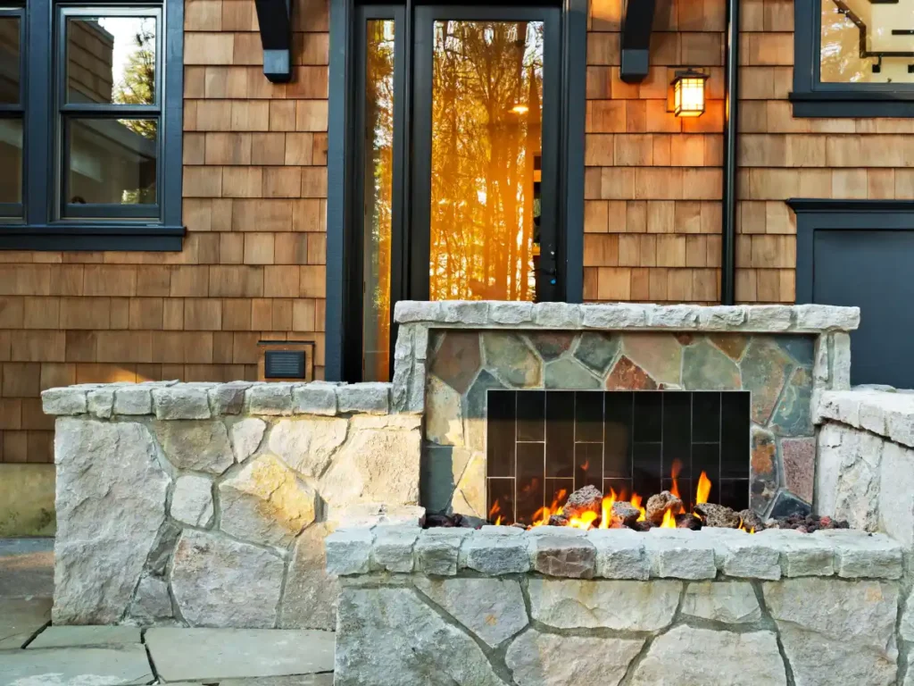 Outdoor fireplaces enhance both warmth and aesthetics.